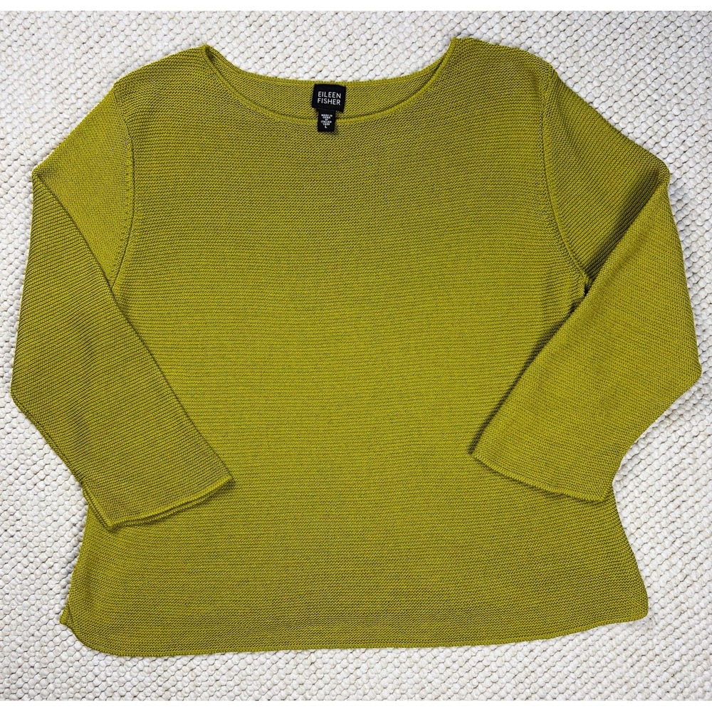 Eileen Fisher Chartreuse Boatneck 3/4 Sleeve Sweater Italian Yarn Cotton Blend L